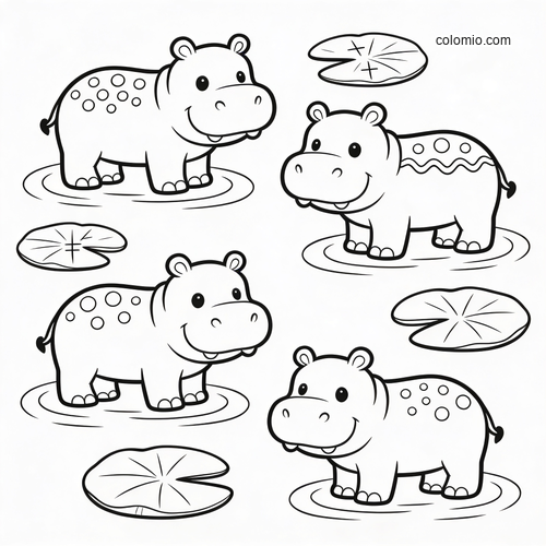 Black-and-white worksheet with four cute hippos in water and four lily pads, designed as a simple counting activity.