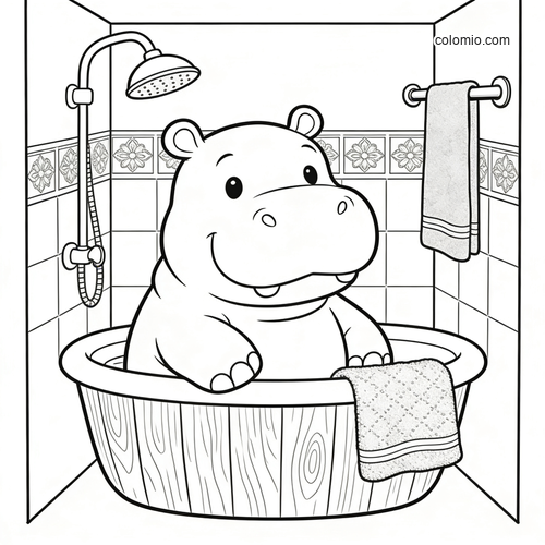 A cute cartoon hippo sits in a wooden tub inside a bathhouse room with a shower, tiled walls, and hanging towels.