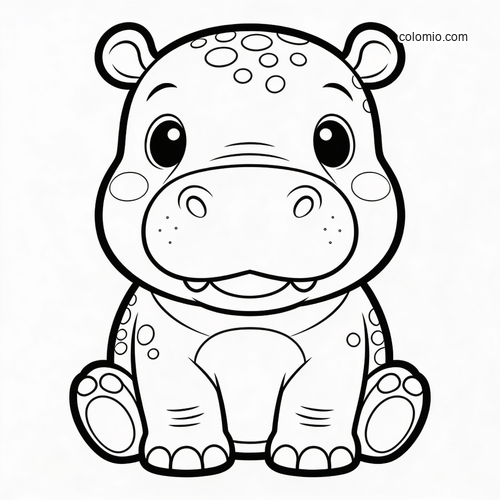Front-facing cute baby hippo portrait in a simple cartoon style, sitting with big eyes, rounded paws, and small spots.