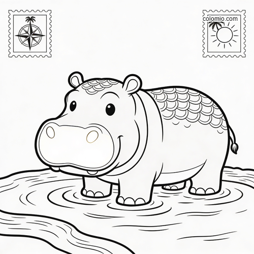A cute cartoon hippo standing in a river, with postcard stamp icons in the corners and simple black outlines.