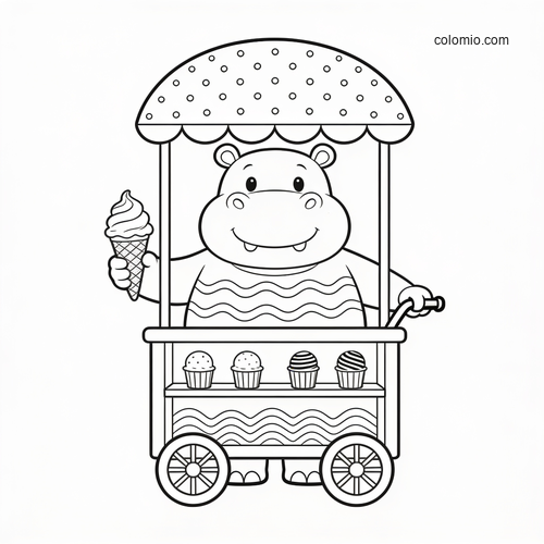 A cute cartoon hippo stands behind an ice cream cart, holding a cone under a canopy in a simple black-and-white outline.