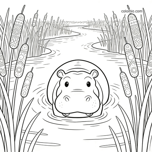 A cute hippo faces forward in a winding river, surrounded by tall reeds and cattails in a simple black-and-white scene.