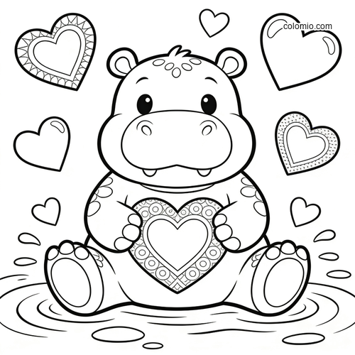 A cute baby hippo sitting in shallow water and holding a large patterned heart, surrounded by floating hearts.