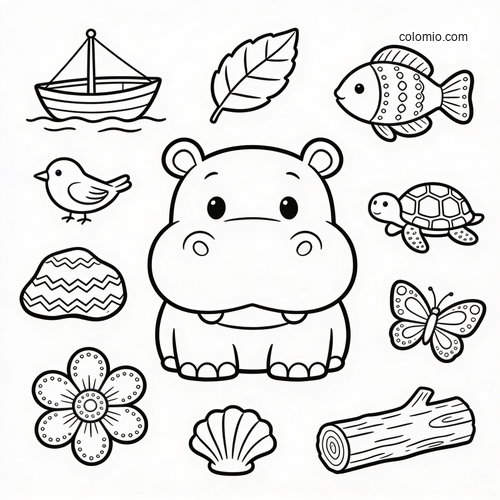 A cute cartoon hippo sits in the center, surrounded by a boat, leaf, fish, bird, turtle, butterfly, flower, shell, rock, and log.