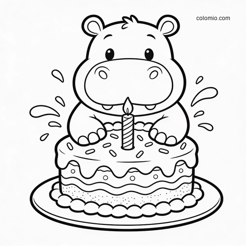 A cute cartoon hippo sits behind a birthday cake with one candle and icing sprinkles in a simple black-and-white outline.