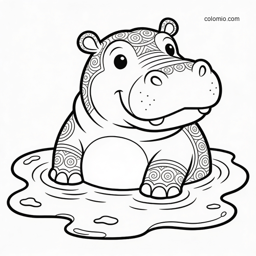 A cute cartoon hippo with decorative swirl patterns sits smiling in a muddy puddle with simple ripples around it.
