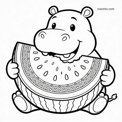 A cute cartoon hippo sits smiling while holding and eating a large slice of watermelon with decorative rind patterns.