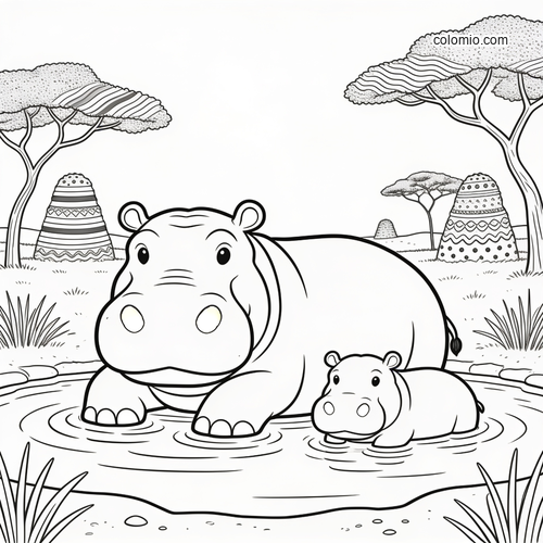 A mother hippo and baby hippo stand in a watering hole, with acacia trees and patterned mounds in the background.