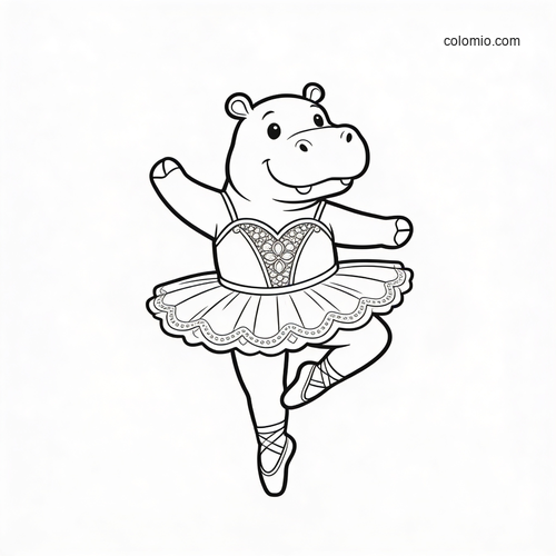 A cute cartoon hippo wearing a tutu and ballet slippers, balancing in a ballet pose with one leg raised.