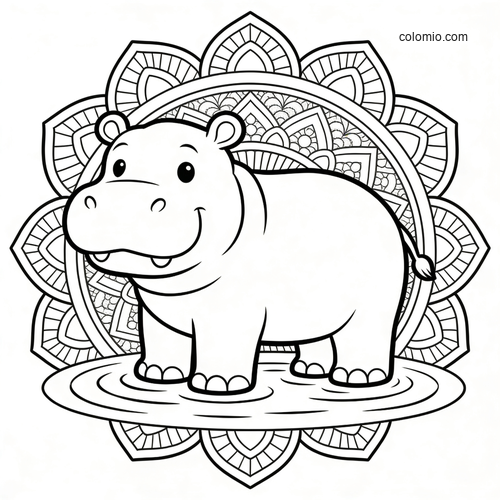 A cute cartoon hippo stands in a water ring with a detailed mandala pattern behind it in black and white line art.