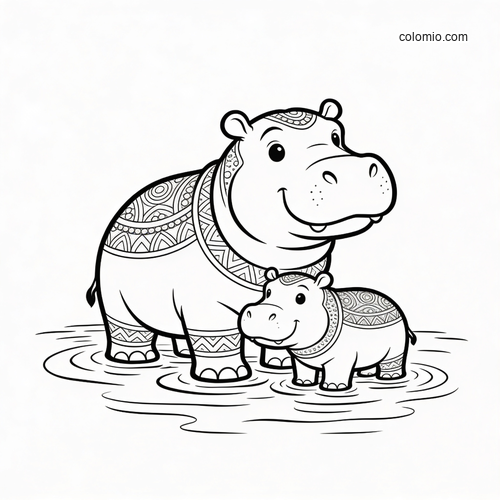 A cute cartoon hippo mother and calf standing in shallow river water, both decorated with patterned sections.