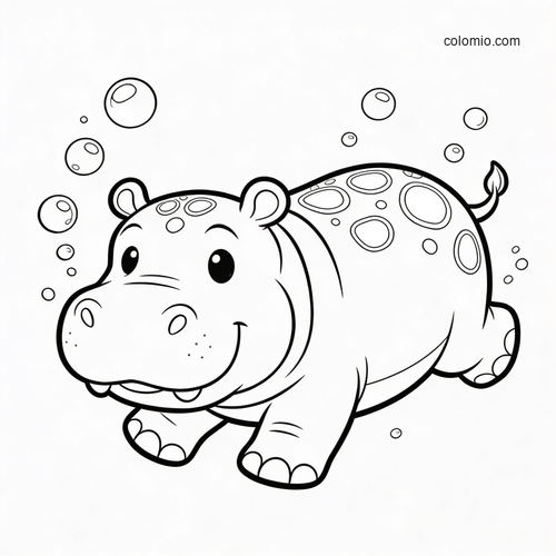 A cute cartoon hippo swimming underwater with bubbles, rounded features, and simple bold outlines for coloring.