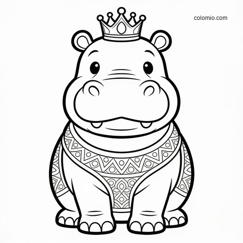 Front-facing cute hippo wearing a queen crown and patterned royal collar in a simple black-and-white outline style.