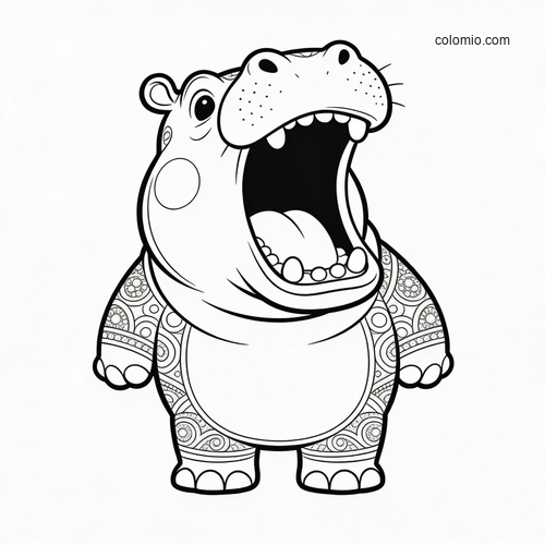 A cute standing hippo with a huge open yawn and decorative patterned legs and sides in black-and-white line art.