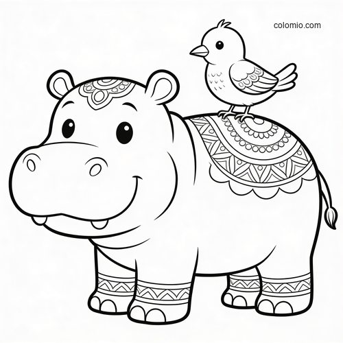 A cute cartoon hippo with decorative patterns on its head, back, and legs, standing with a small bird perched on its back.