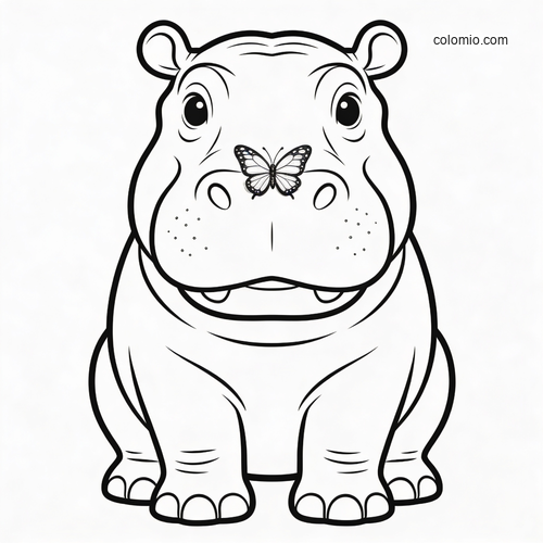 A cute front-facing hippopotamus with a butterfly resting on its nose, drawn in simple black outline for coloring.