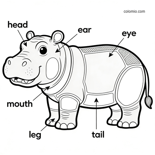 Black-and-white cartoon hippo diagram with labeled body parts including head, ear, eye, mouth, leg, and tail.