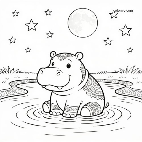 A cute cartoon hippo with decorative patterns sits in a river under a full moon and stars in a simple black-and-white scene.