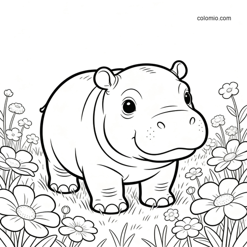 A cute baby pygmy hippo standing in a grassy patch surrounded by large flowers, drawn in a simple cartoon line-art style.