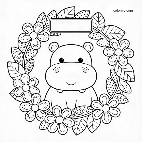 A cute cartoon hippo sits in the center of a floral wreath with leaves and a blank quote banner above.