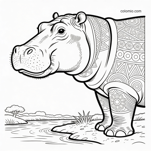 A black-and-white hippo standing by a river, with realistic features and decorative patterned sections on its body.