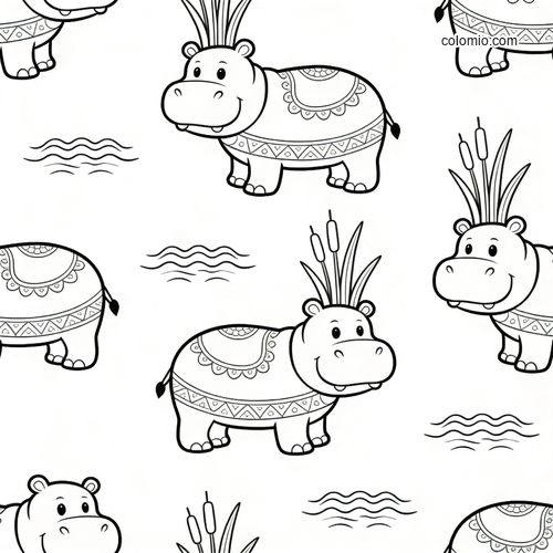 Repeating cute hippos with decorative patterned blankets, reeds on their heads, and small wave lines in a simple tile layout.