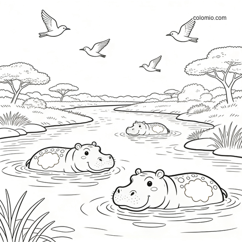 Three cute hippos floating in a winding river landscape with four birds flying overhead in a simple cartoon style.