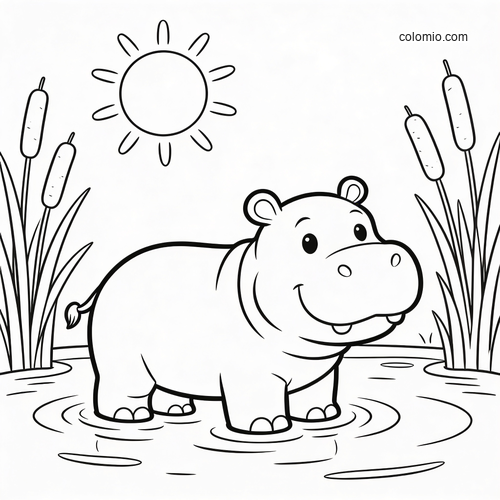 A simple cartoon hippo standing in shallow water, with tall reeds on both sides and a bright sun overhead.