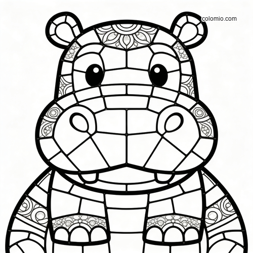 Front-facing hippo portrait drawn in a stained glass mosaic style with bold black outlines and decorative patterned sections.