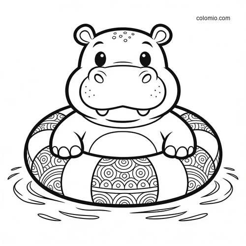 A cute cartoon hippo sitting in a patterned float ring on water, shown in a simple black-and-white coloring page style.