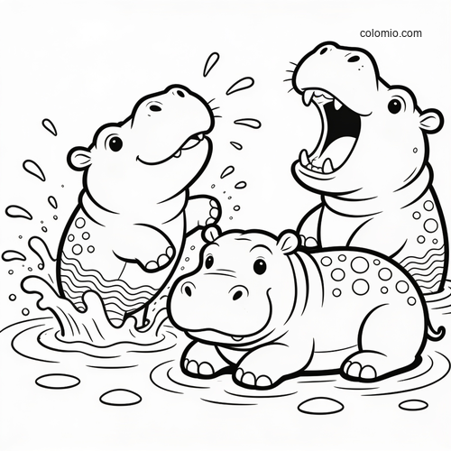 Black-and-white cartoon coloring page of three hippos in shallow water, with one splashing, one yawning, and one resting.