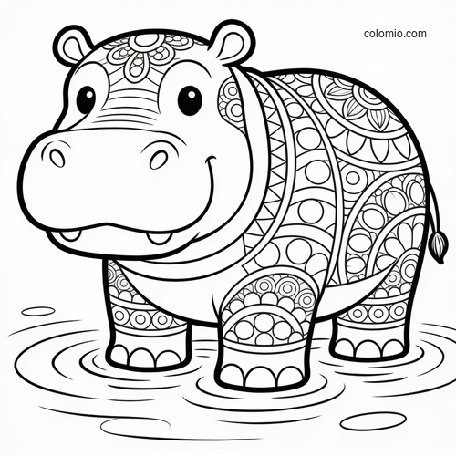 A smiling cartoon hippo with zentangle patterns stands in shallow water with ripples around its feet.