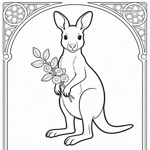 En känguru står i en dekorativ ram i jugendstil och håller en gren med eukalyptusblommor i svartvit linjeteckning.