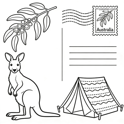 Svartvit målarbild i vykortsstil med en känguru, eukalyptuskvist, frimärke med Australia och ett tält i bushen.
