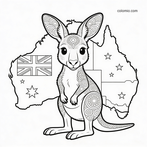 En detaljerad känguru med mönstrade öron och kropp står framför en konturkarta över Australien med flagga och stjärnor.