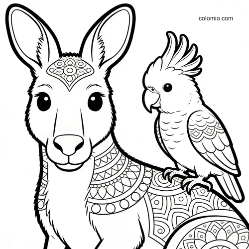 En detaljerad svartvit målarbild av en känguru med mönstrad päls och en kakadua som sitter på dess rygg.
