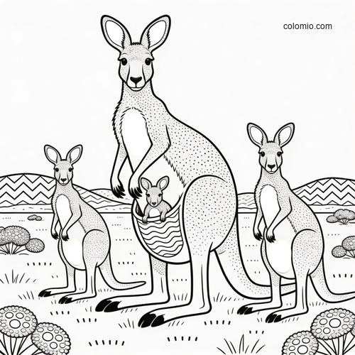 Svartvit målarbild som visar en kängurufamilj i Australiens inland, med en unge i mammans pung.