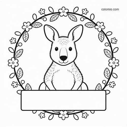 En känguru sitter i mitten av en blomsterkrans med en tom banderoll nedanför, tecknad i enkel svartvit konturstil.