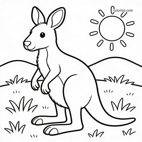 En enkel svartvit målarbild som visar en känguru stående på gräs, med kullar och en sol i bakgrunden.