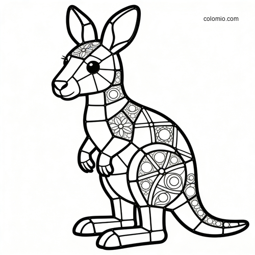 En känguru i stil med glasmålning och mosaik, med tjocka svarta konturer och dekorativa geometriska fält.