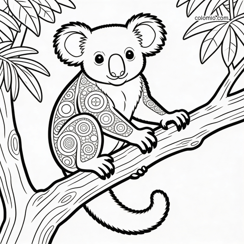 En detaljerad koala med mönstrad päls sitter på en gren mellan bladiga träd i en svartvit linjeteckning.