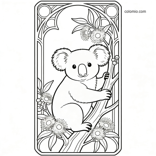 En elegant koala i jugendstil innrammet av eukalyptusblomster. En elegant koala i jugendstil innrammet av eukalyptusblomster.