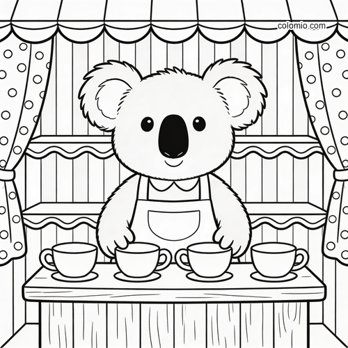 En blid koala serverer te i det lille tehuset sitt. En blid koala serverer te i det lille tehuset sitt.