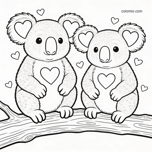 To koalaer sitter side om side omgitt av hjerter. To koalaer sitter side om side omgitt av hjerter.
