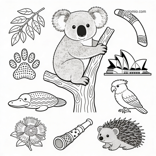 En vennlig koala foran et omrisskart over Australia. En vennlig koala foran et omrisskart over Australia.