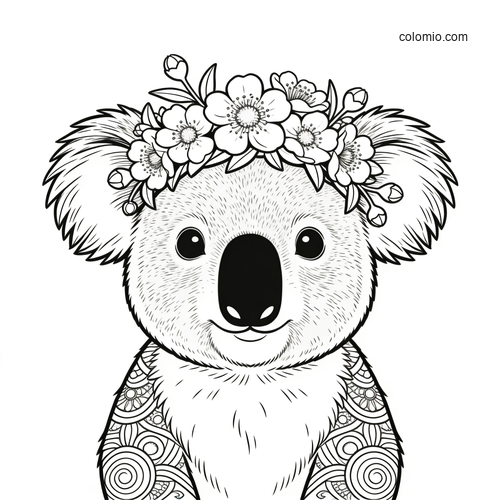 En søt koala bærer en fargerik blomsterkrone på hodet. En søt koala bærer en fargerik blomsterkrone på hodet.