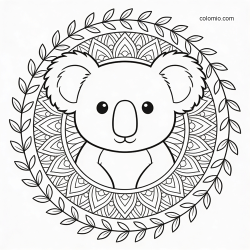 En koala i midten av en rund eukalyptusmandala. En koala i midten av en rund eukalyptusmandala.
