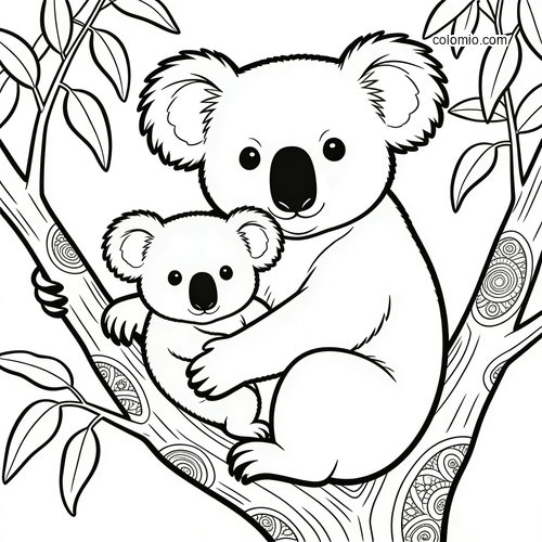 En koalamor bærer ungen sin på ryggen i treet. En koalamor bærer ungen sin på ryggen i treet.