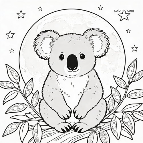 En koala sitter i et eukalyptustre under fullmånen. En koala sitter i et eukalyptustre under fullmånen.