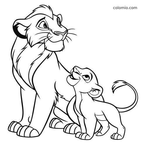 Bajkowy lew siedzi obok lwiątka, a oba zwierzęta patrzą w górę na czarno-białym rysunku konturowym.